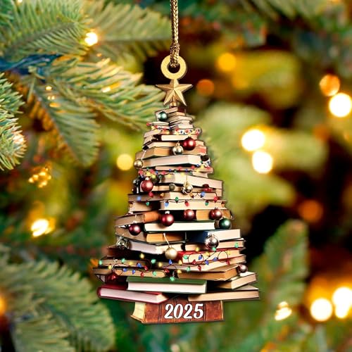 Pack 2 Book Tree Christmas Ornament (1 Wood+1 Acrylic), 2025 Bookworm Christmas Ornaments 2D Flat, Gift for Women, Book Lo...