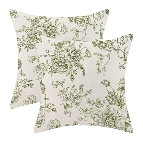 Jecuwo Spring Sage Green Floral Pillow Covers 20x20 Inch Set of 2, Chinoiserie Sage Green Flower Decorative Throw Pillowca...