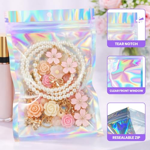 ANZNKU Holographic Bags 5x7 Mylar Bags Resealable 50PCS, Packaging Bag Smell Proof Pouches Baggies for Goodie Snack Easter...