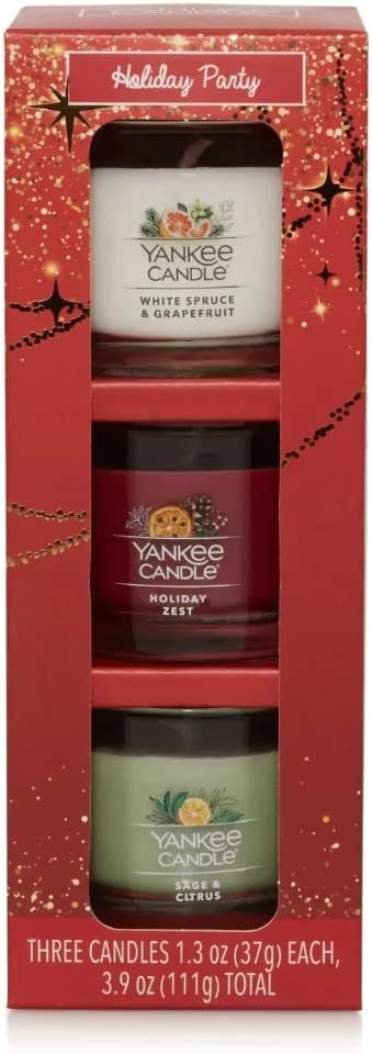 Yankee Candle Holiday Party White Spruce & Grapefruit, Holiday Zest, Sage & Citrus Mini Jar Candle 1.3oz Each