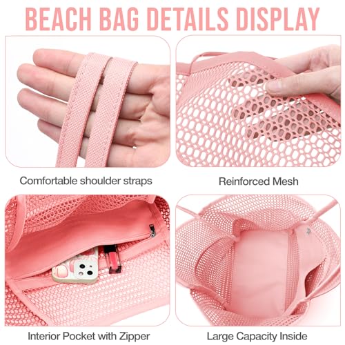 KPX Beach Bag with Mini Pocket, Summer Beach Tote Bags for Women Large Foldable Mesh Swimming Pool Travel Bags - Sandproof