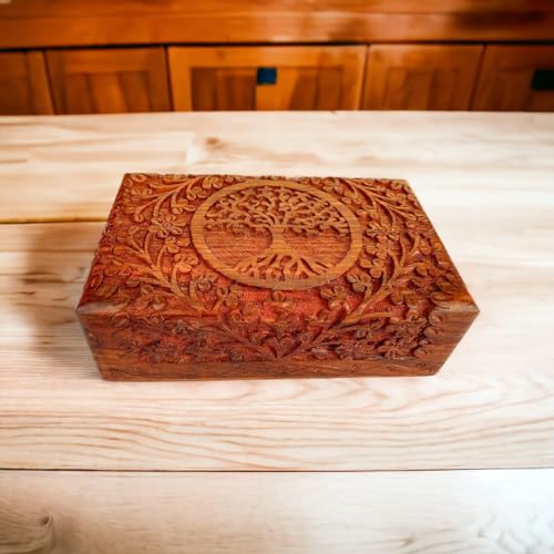 Ajuny Handcarved Wooden Decorative Treasure Chest Box 8 x 5 Inch Brown Tree Of Life Pattern - Multipurpose Use As Jewelry ...
