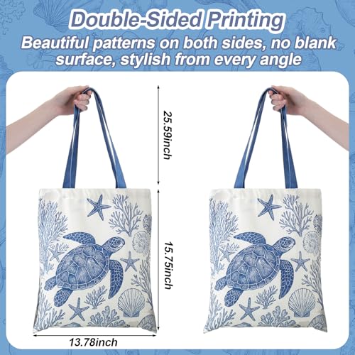 Reginary 6 Pcs Coastal Canvas Tote Bags with Pocket Summer Beach Themed Gifts Blue Seashell Starfish Conch Coral Pattern