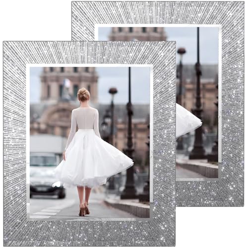 Flocey 8x10 Picture Frame Glass 2 Pack, Sparkly Glitter Photo Frame 8 x 10 Mirror Crystal Wedding Gift Wall and Tabletop D...