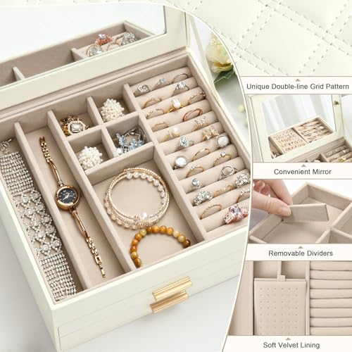 Amearea Jewelry Box Organizer for Women Girls with Mirror, 3-Layer Large Jewelry Storage Case, Synthetic Leather Jewelry H...