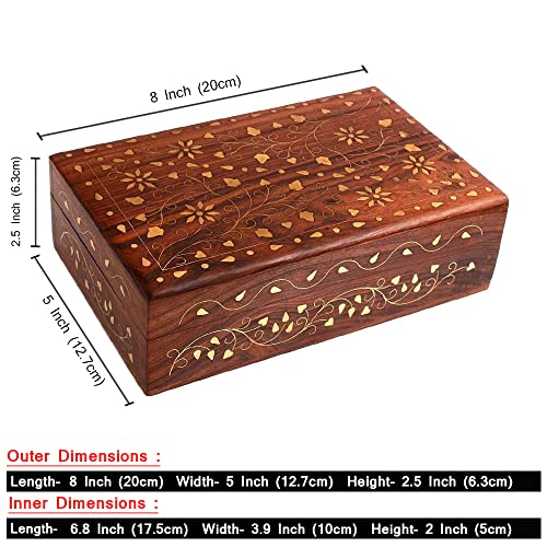 Ajuny Hand Carved Wooden Decorative Jewelry Storage Box with Floral Carvings Design Brass Inlay Keepsake Travel Treasure C...