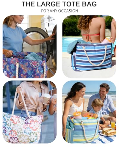 Genteen Beach Bag for Women, Large Waterproof Sandproof Beach Tote with Zipper Pocket, Solid for Travel Pool