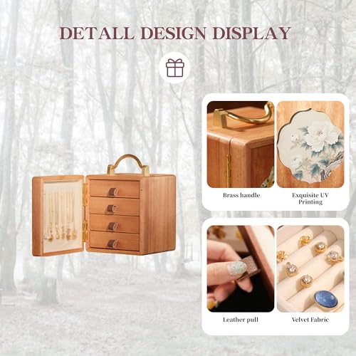 KAOTGOT Wooden Jewelry Box for Women Walnut Wooden Jewelry Box with handle 4-Tier Jewelry Organizer for Rings, Necklaces