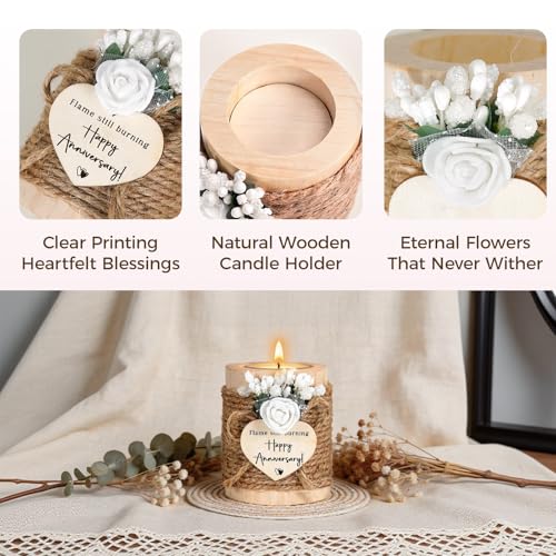 Anniversary Candle Holder Gift Set - Romantic Wooden Tealight Holder with 4 Tealight Candles & Coaster, Rustic Home Decor ...