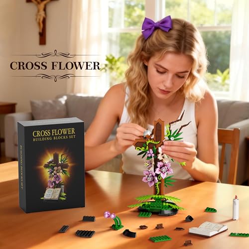 Cross Flower Building Set, Religious Cross Collectibles Compatible with Lego Jesus Catholic Building Toys, Easter, Christi...