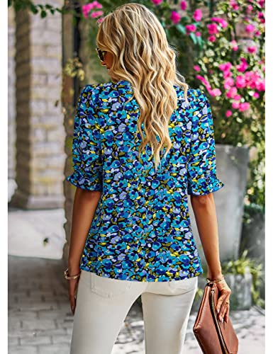 ZILIN Women's Summer Boho Floral Shirt Top Ruffle Mock Neck Puff Short Sleeve 2026 Casual Blouses