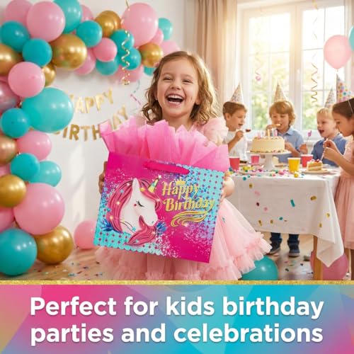 BeiLaad Unicorn Happy Birthday Gift Bag with Greeting Card and Tissue Paper, Birthday Gift Bags for Kids Girls Medium