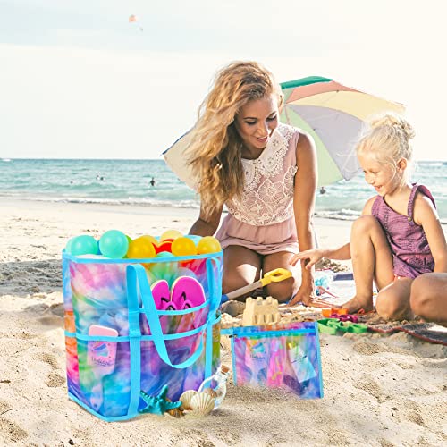 Mesh Beach Bag - Large Beach Tote Bag Women Pool Bags with Zipper 10 Pockets Foldable Beach Toy Bag for Towel, Flip Flops