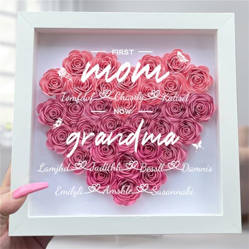 Wasetell Personalized First Mom Now Grandma Rose Flower Shadow Box with Name Mother's Day Heart-Shaped Frame Personalize G...
