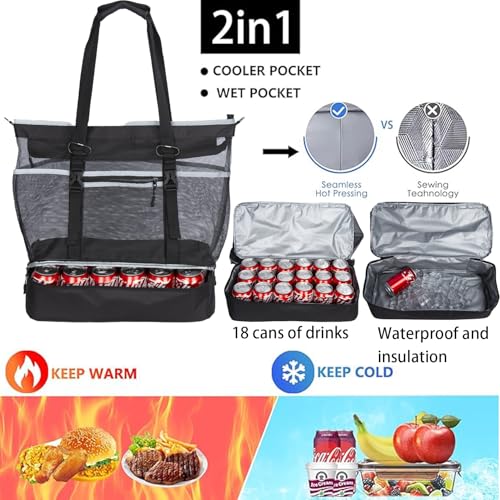Unamujer Mesh Beach Bag with Cooler Large Travel Family Vacation Essentials Pool Swimming Zipper Pocket Durable 9 Pockets