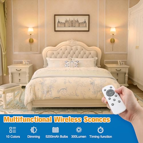 NIORSUN Battery Operated Wall Sconce Set of 2,Gold Rechargeable Wall Lights with 5200mAh Dimmable Bulbs and Remote,10 Colo...