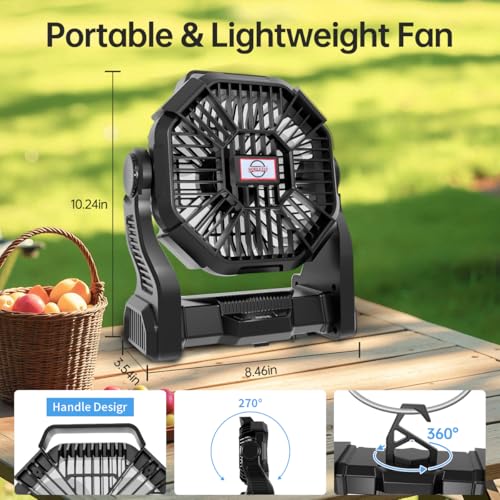 Eloslos Portable Rechargeable Camping Fan for Tent, LED Lantern, 270 Rotation, 36 Hours 10-Inch Quiet Personal USB Cooling...