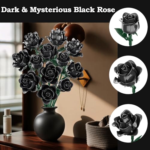 12 Black Roses Building Block Bouquet Set, 585 PCS Artificial Flowers– Symbol of Mystery, Elegance & Transformation – Goth...