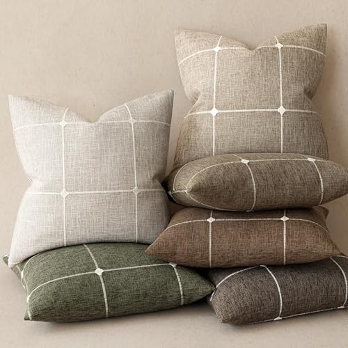 Foindtower Pack of 2 Decorative Faux Linen Jacquard Check Throw Pillow Covers Farmhouse Cushion Cover with Grid Textured A...