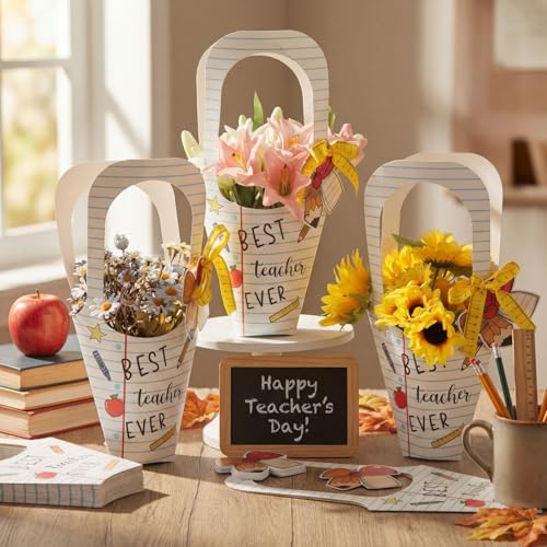 Gersoniel 24 Set Teachers' Day Gift Flower Bags Notebook Shaped Teacher Appreciation Gift Flower Bouquet Holder with Cards...