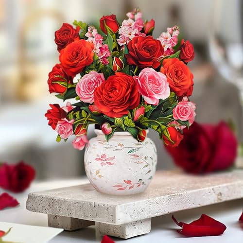 Freshcut Paper Pop Up Cards, Mini Blooming Roses, 6 Inch Mini Sized Forever Flower Bouquet 3D Popup Greeting Cards, Valent...