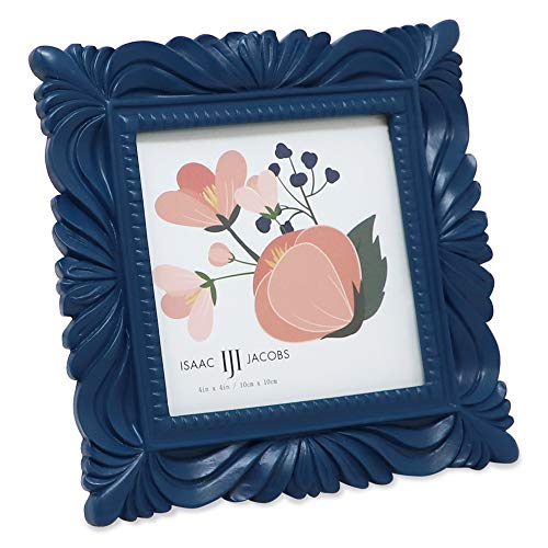 Isaac Jacobs 4x4 Navy Wave Textured Hand-Crafted Resin Picture Frame with Easel & Hook for Tabletop & Wall Display, Decora...