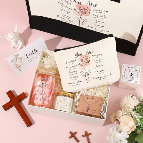 SilTriangle 6 Pcs Christian Gifts for Women Faith Set Mother's Day Religious Gift for Women with Tote Bag Makeup Bag Candl...