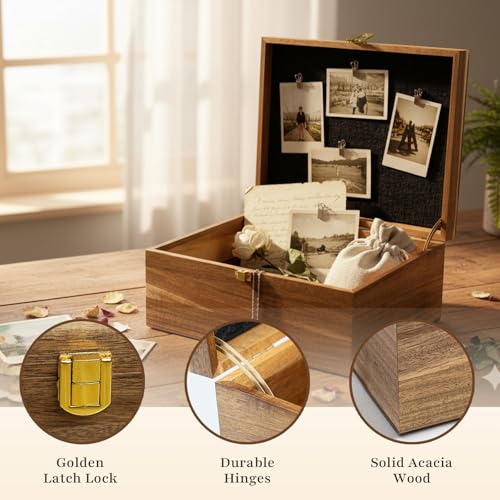Keepsake Box – Wooden Keepsake Memory Box with Hinged Lid, Tree of Life Engraving, Large Acacia Wood Box 11"x8.6"x5", Felt...