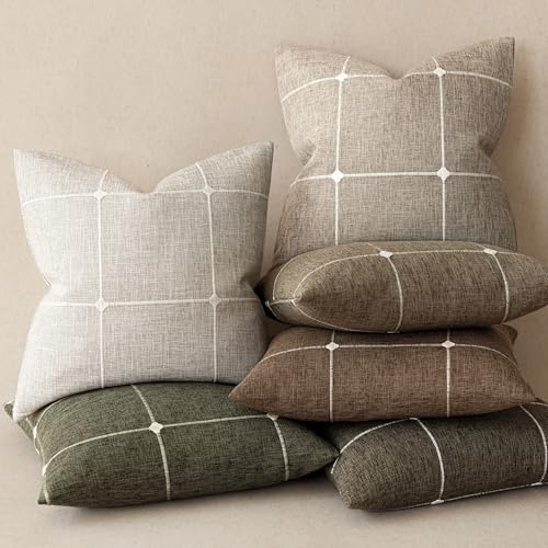 Foindtower Pack of 2 Decorative Faux Linen Jacquard Check Throw Pillow Covers Farmhouse Cushion Cover with Grid Textured A...