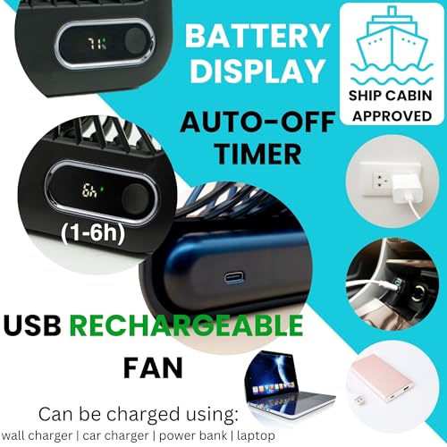 Cruise Fan Cabin Approved - Magnetic Hook Included To Hang On Walls - Portable USB Rechargeable & Plug-In, Timer Function...