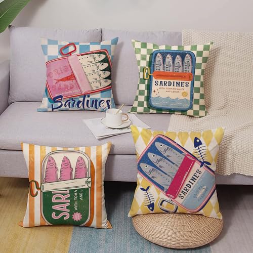 Fjfz Sardines Can Decorative Throw Pillow Covers 20 x 20 Set of 4, Beach Coastal Fish Fisherman Aesthetic Porch Outdoor Ho...