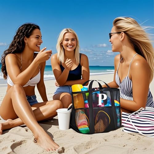 wanchel Personalized Mesh Beach Bag for Women - Waterproof Initial Tote Bag for Family Travel, Toys, Vacation Essentials