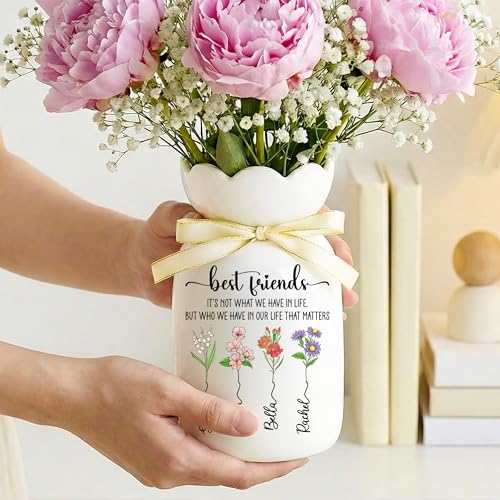 Personalized Best Friends Flower Vase, Custom Birth Flower Ceramic with Names, Friendship Gift for Women, Bestie Gift Ide...