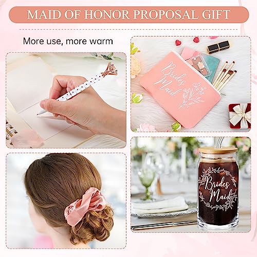 Umigy Bridesmaid Glass Cup Gift Box Set of 5 Include Glass Cup with Lid Makeup Bag Scrunchies Hair Ties Diamond Ballpoint ...