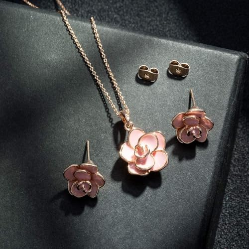 EVEVIC Rose Flower Necklace Earrings Set for Women 18K Gold Plated Hypoallergenic Jewelry Sets