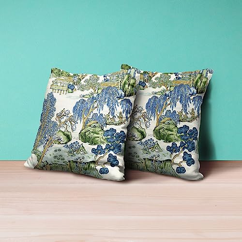 Wsunsal Chinoiserie Pillow Covers 16x16 Inch Set of 2, Asian Scenic Blue and Kelly Green Throw Pillows Farmhouse Chinoiser...