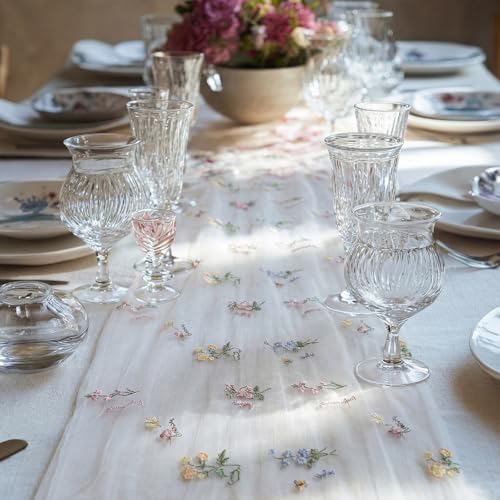 Remagr 9.8 ft Floral Table Runner Embroidery Flower Seasonal Table Decorations Tulle Fabric for Home Indoor Decor, Bridal ...