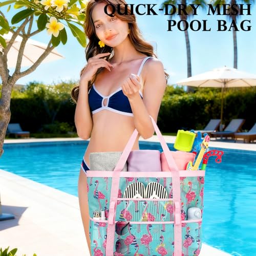 Fammart Mesh Beach Bag for Women, Large Beach Toy Pool Bag with Zipper Pocket, SandProof Cruise Essentials 2026 Family Travel
