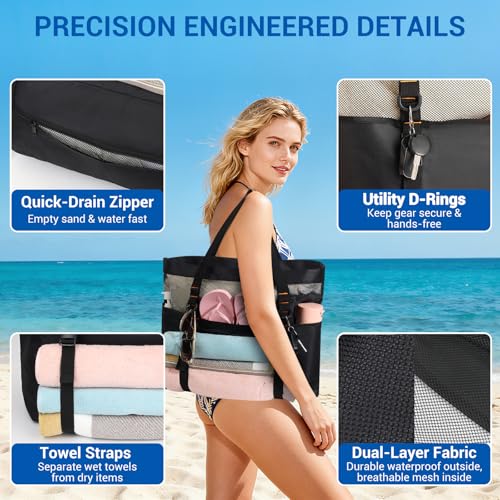 KOKKOYA 40L Large Black Mesh Beach Bag for Women Tote with Zipper Towel Holder Cruise Swim Pool 17 inch Length