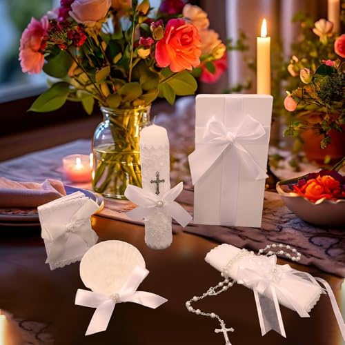 Baptism Candle Set for Boys and Girls,White 5 PCS Baptism Kit Catholic Candle,Baptismal Towel,Shell,Rosary,Bible for Bapti...