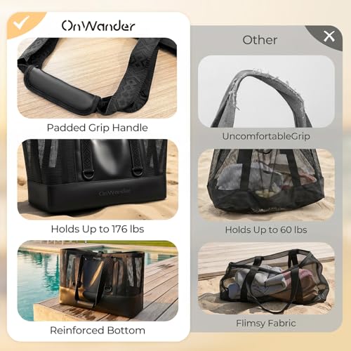 OnWander Large Mesh Beach Tote Bag - Pool Bags with 2 Inner Zipper Waterproof Pockets for Swim Toys Towels Travel