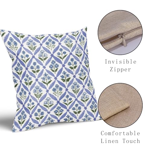 Smozenith Blue Green Floral Block Print Pillow Covers 18X18 Set of 2, Flower Pattern Spring Summer Print Decorative Throw ...