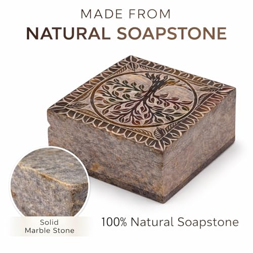 KC KULLICRAFT Hand Carved Marble Soapstone Square Shape Jewellery Box | Storage Organizer | Decorative Trinket Ornament Ho...