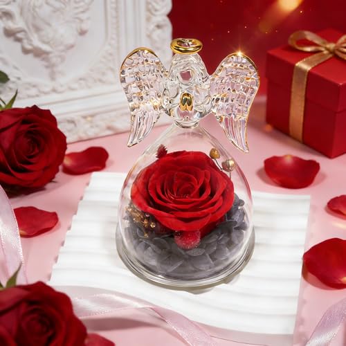 Sunia Gifts for Mom Birthday Gifts for Women, Mothers Day Preserved Real Roses in Glass Angel Figurine Forever Flowers for...
