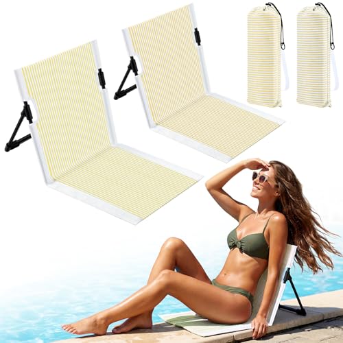 Sliner 2 Pcs Foldable Poolside Chairs for Adults Portable Beach Chairs Yellow & White Striped Folding Lazy Chair for Edge ...