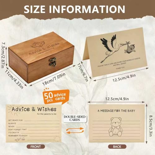 Natural Wooden Baby Shower Keepsake Box with 50 Pcs Advice & Wishes Kraft Cards - Elegant Guest Book Alternative – Rustic ...