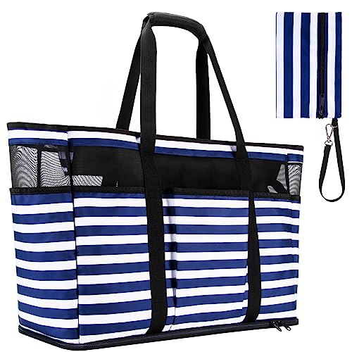 TEUEN Large Beach Bag with Zipper, 12 Pockets Waterproof Sandproof Pool Bag Womens Mesh Beach Tote Bag for Travel Vacation