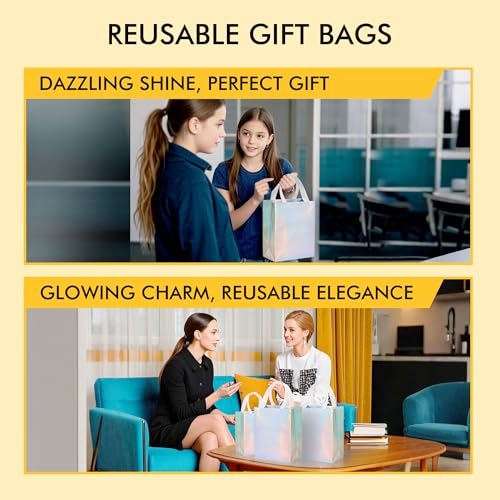 RACETOP 15 Pcs Iridescent Glossy Gift Bags Medium Size, 8x4x10 Inch Holographic Reusable Gift Bags with Handles, Ideal for...