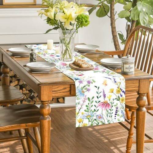 Artoid Mode Daisy Eucalyptus Lavender Floral Leaves Summer Table Runner, Spring Kitchen Dining Table Decoration for Home P...