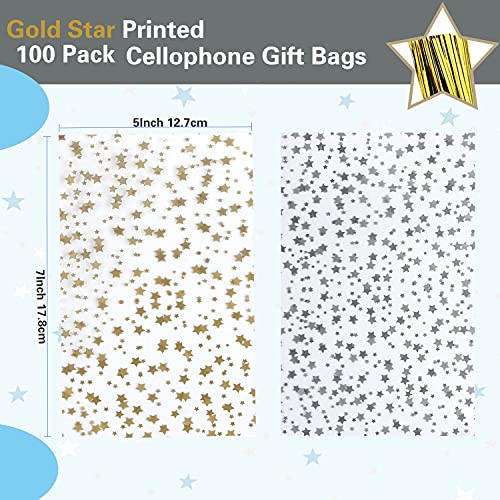 COQOFA 100 Pcs Star Printed 5"X 7" Gift Wrap Cello Cellophane Treat Bags Party Favor bags Clear Candy Cookie Bag Plastic P...